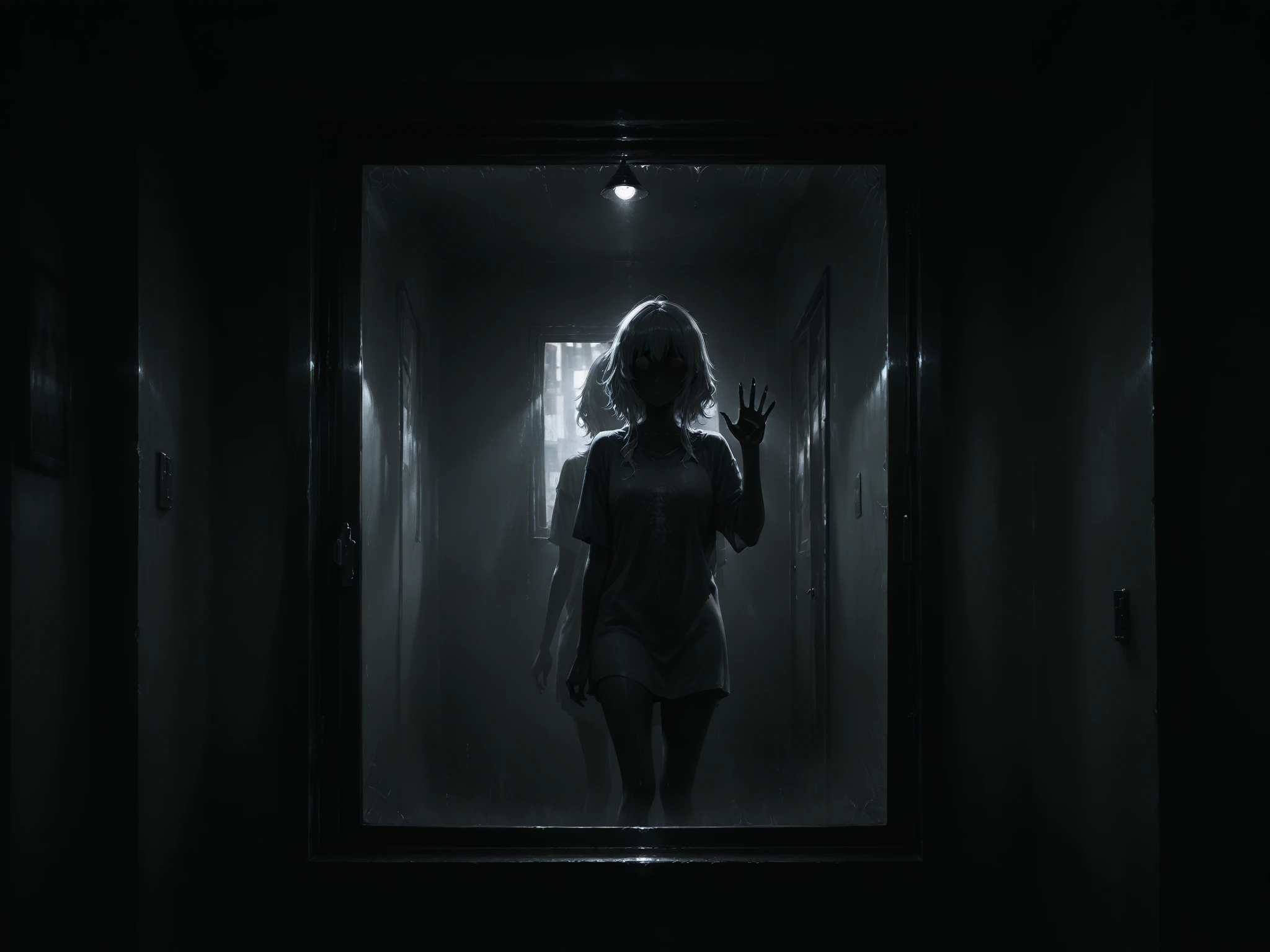 CcTV camera footage of Harley Quinn on the bathroom, changing her bra ,low Angle from below her skirt, black and white, recorded in the 2000s, spycamstyle. Her hands are on her bra, she has a surprised expression watching the hidden camera on the corner