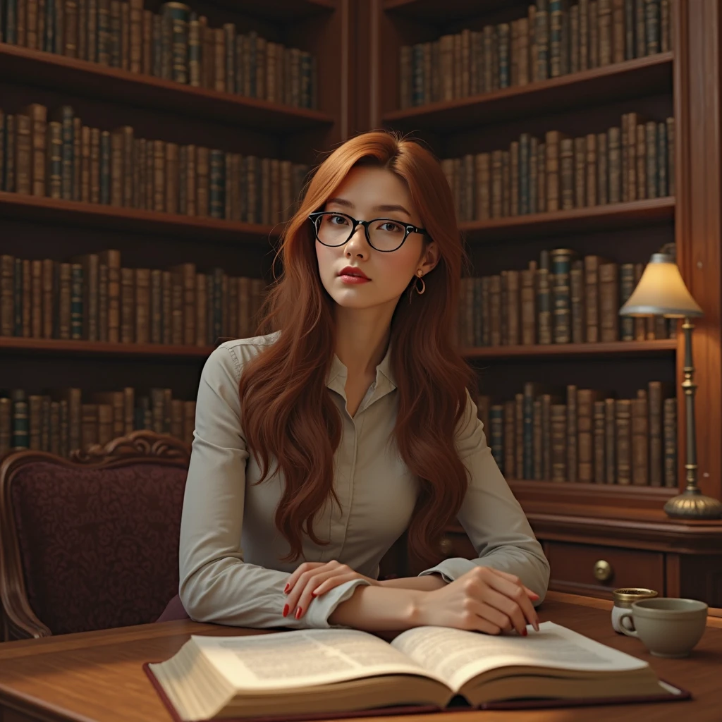 girl bring a pile of book, BREAK, 1girl, see-through zipper blouse, detailed face, (holding pile of book:1.2), very long hair, absurdly long hair, standing, inside library, looking at viewer, beautiful girl, brown skin, platinum red hair, purple eyes, smirk, (dramatic light, cinematic scene:1.2),