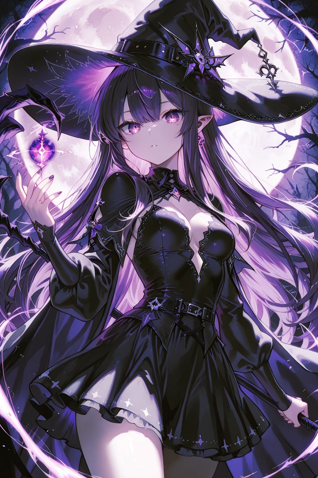 (Masterpiece, Best quality, ultra high resolution),1girl, black skin, purple hair, witch outfit, witch hat, beautiful and detailed face, detailed eyes,in the forest,fog,((grey and black theme))