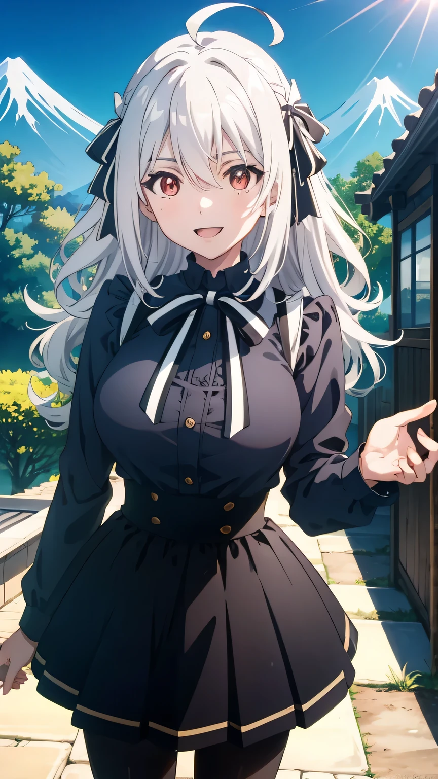 {{{masterpiece}}}, {{{best quality}}}, {{ultra-detailed}}, {illustration}, {{an extremely delicate and beautiful}}, (beautiful detailed eyes:1.6), extremely detailed face, 16k, visual anime de uma jovem mulher, extremamente bonito rosto de anime, anime melhor garota, (perfect hands, perfect anatomy), anime face, NSFW, Lily(SPY ROOM), lily_olis, 1girl, solo, cute face, perfect face, semi-long hair, white hair, ahoge, hair between eyes, hair ribbon, striped bow, black and white bow, (red eyes:1.4), big breasts, thin waist, big hips, curvaceous, BREAK, (black shirt:1.3), (black ribbon:1.3), neck ribbon, bowtie, manga larga, high-waist skirt, (black skirt:1.3), (black pantyhose:1.2), thighs, black footwear, short boots, zettai ryouiki, BREAK, standing, looking at viewer, outdoor, crowd of people, standing, smiling, open mouth, flushed cheeks, sun, outdoors, sky, day, blue_sky, no_humans, mountain, train_station, mount_fuji, FJLS, Fujiyama, cowboy shot