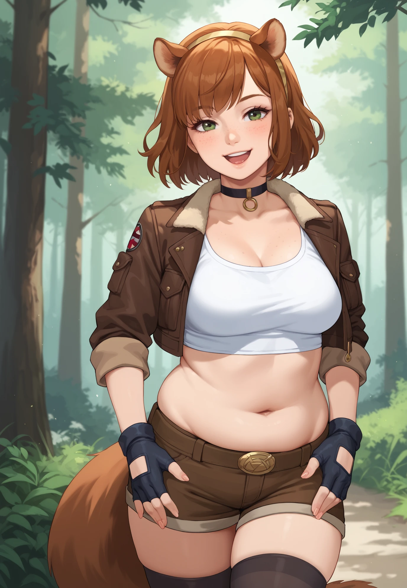 1girl, solo, squirrel girl, marvel, looking at viewer, outdoors, forest, cowboy-shot, smile, seductive look, chubby, plump, freckles, choker, hairband, black gloves, fingerless gloves, brown shorts, midriff, open jacket, brown jacket, cropped jacket, black thighhighs,