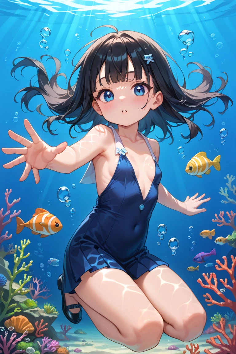 Tarot Cards、Masterpiece、Highest quality、Amazing details、Detailed Background、Line art、Written boundary depth、Flat Shading、Mucha style、Art Nouveau、(Image of underwater:1.3)、(Surrounded by many tropical fish and corals:1.2)、Cute swimsuit、Vintage Color、colorful、Anatomically correct、Slim figure、Thick thighs、Hollow Eyes、Anguished expression、Perfect Face、Pastel blue hair、long hair、Embarrassing、She is blushing