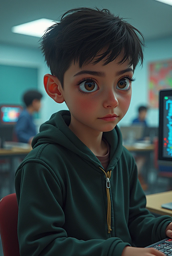 um menino de 6 anos em sala de aula desatento