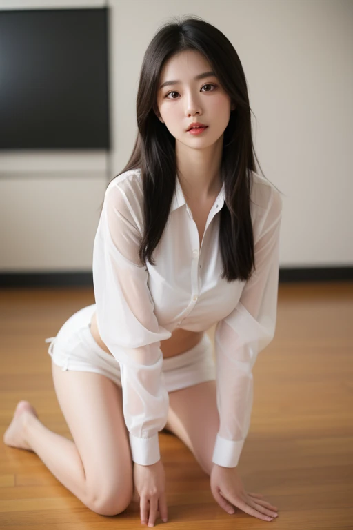 absurdres, RAW photo, extremely delicate and beautiful, masterpiece, Best Quality, ultra high resolution, 32k, hyperrealistic, ultra-detailed, perfect anatomy, super Detailed skin, perfect figure, Super Beauty, Perfect Style, Perfect balance, Beautiful Lighting, Perfect Lightning, Realistic Shadows, 20 years old, very Slim body, narrow waist, very small head, very small face, delicate facial features, handsome detailed woman, very detailed eyes and face, realistic face proportions, Realistic beautiful face, Realistic beautiful eyes, tearful mole, earring, very huge round breasts, legs, medium hair, asymmetrical hair, full_body_shot, indoor, school_uniform, short skirt, bare foots,