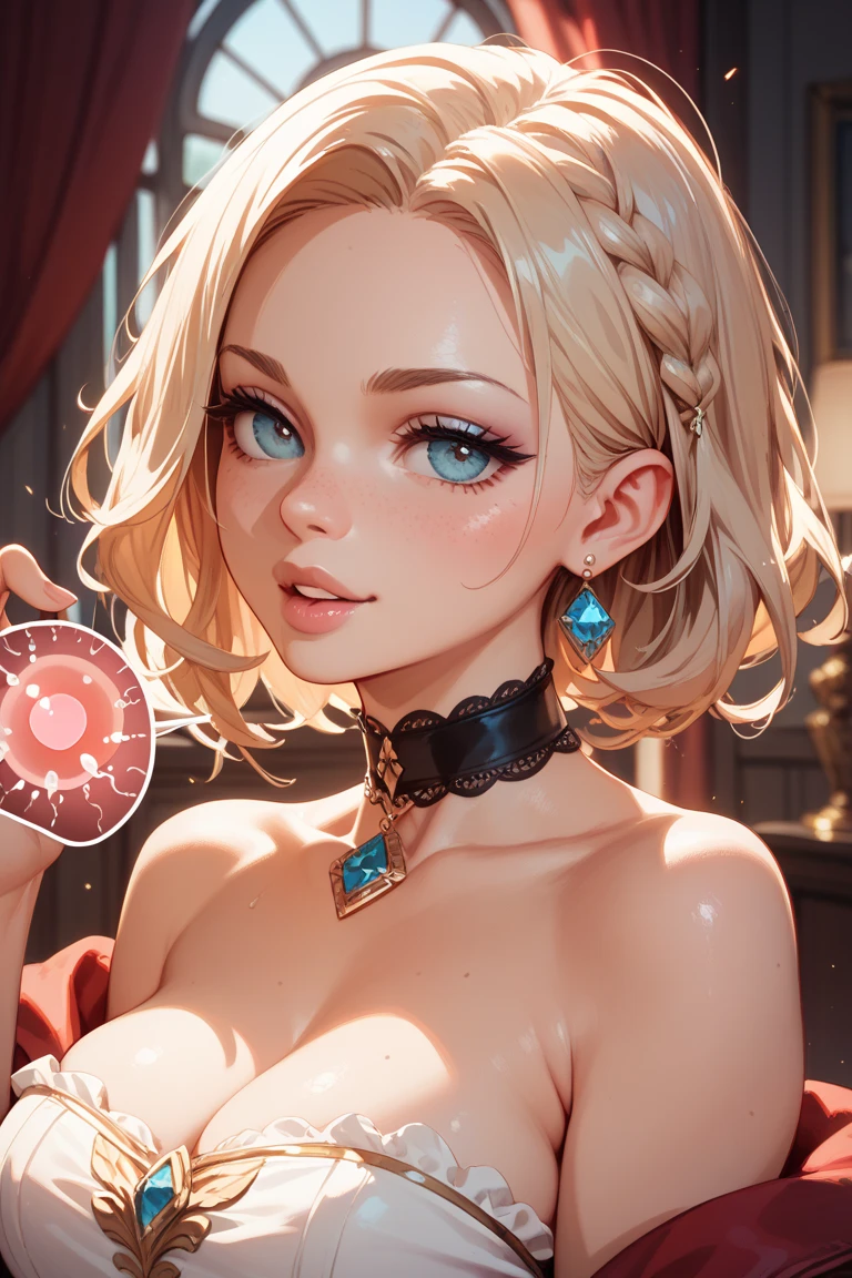 2D animation style, expressive style , 1girl, large breasts, nsfw,, lace gloves, upper body, tongue out, (ahegao), short hair, bob cut, blonde hair, bangs, red hair ribbon, red eyes, (masterpiece, best quality, ultra-detailed, highres, absurdres), (sidelighting, lustrous skin, finely detailed beautiful eyes), large breasts, spread legs,, topless, lace gloves, lying, lace trim, ((panties)), pantyhouse, bloom, (shine), lighting, snow, restaurant, red_ribbon, hair ornament,