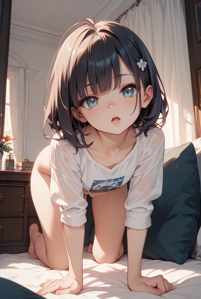 white short sleeve gym uniform、Beautiful arms、Brown bed