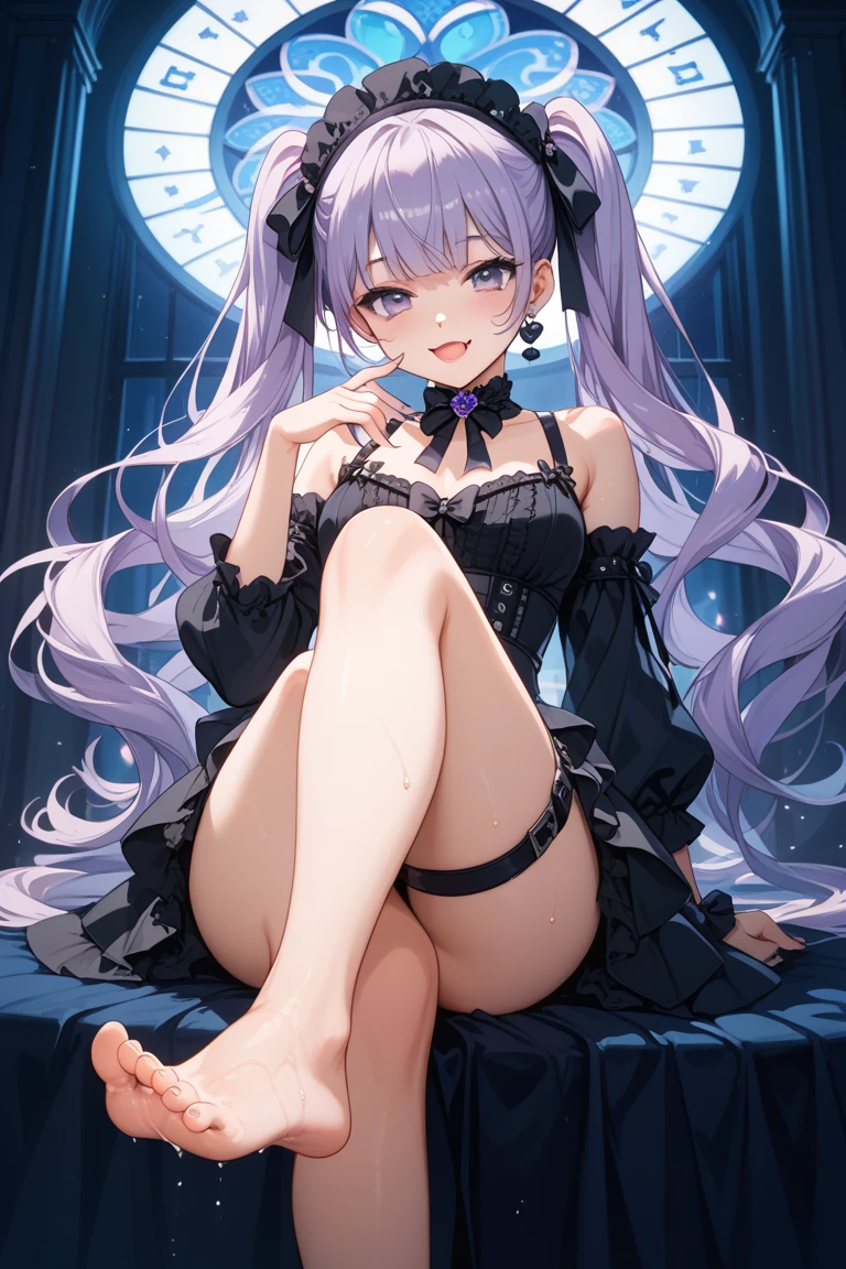 High heels hanging on toes,Crossing legs on the bed,Brown and gray lace underwear,Long purple-gray hair,The bottom middle is wet,Huge breasts drooping,Reveal pink nipples,{{Bronya}},8k,masterpiece,Ultra HD Wallpaper