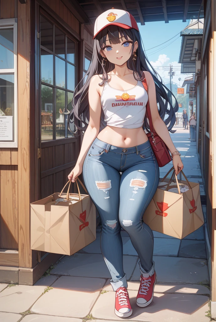 nfsw, masutepiece, Best Quality, High resolution, 1woman, house wife, city street, sunlight, blue sky, Full body, detail face, detail woman, detail hands, detail fingers, detail leg, , large , pink camisole, very short denim hot pants, brown hair, long hair,  , clothed, sweat, speak heart, aroused face, walking, slutty, (wearing  at  and Vibrator's holder at thigh), look at viewer