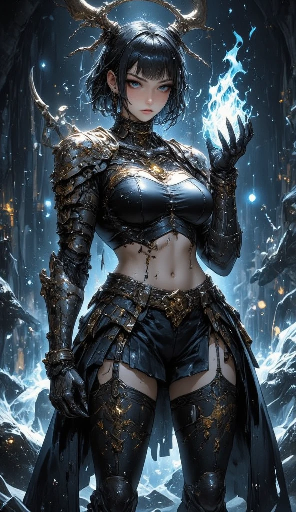 8k, complex, elegant, highly detailed, majestic, digital photography, denim lens, surrealist painting, broken glass, beating magic, winding lightning magic, (masterpiece, side light, fine beautiful eyes: 1.2), HDR, Void 5 energy lightning storm, (Chinese girl, black eyes: 1.5), pale skin, glowing skin, ( Sitting on a stone: 1.5), delicate face, black hair, wearing palatial blue armor, bare shoulders, navel, short skirt, fine blue armor, raining, beautiful, looking at the audience, facing the camera, masterpiece, upper body,