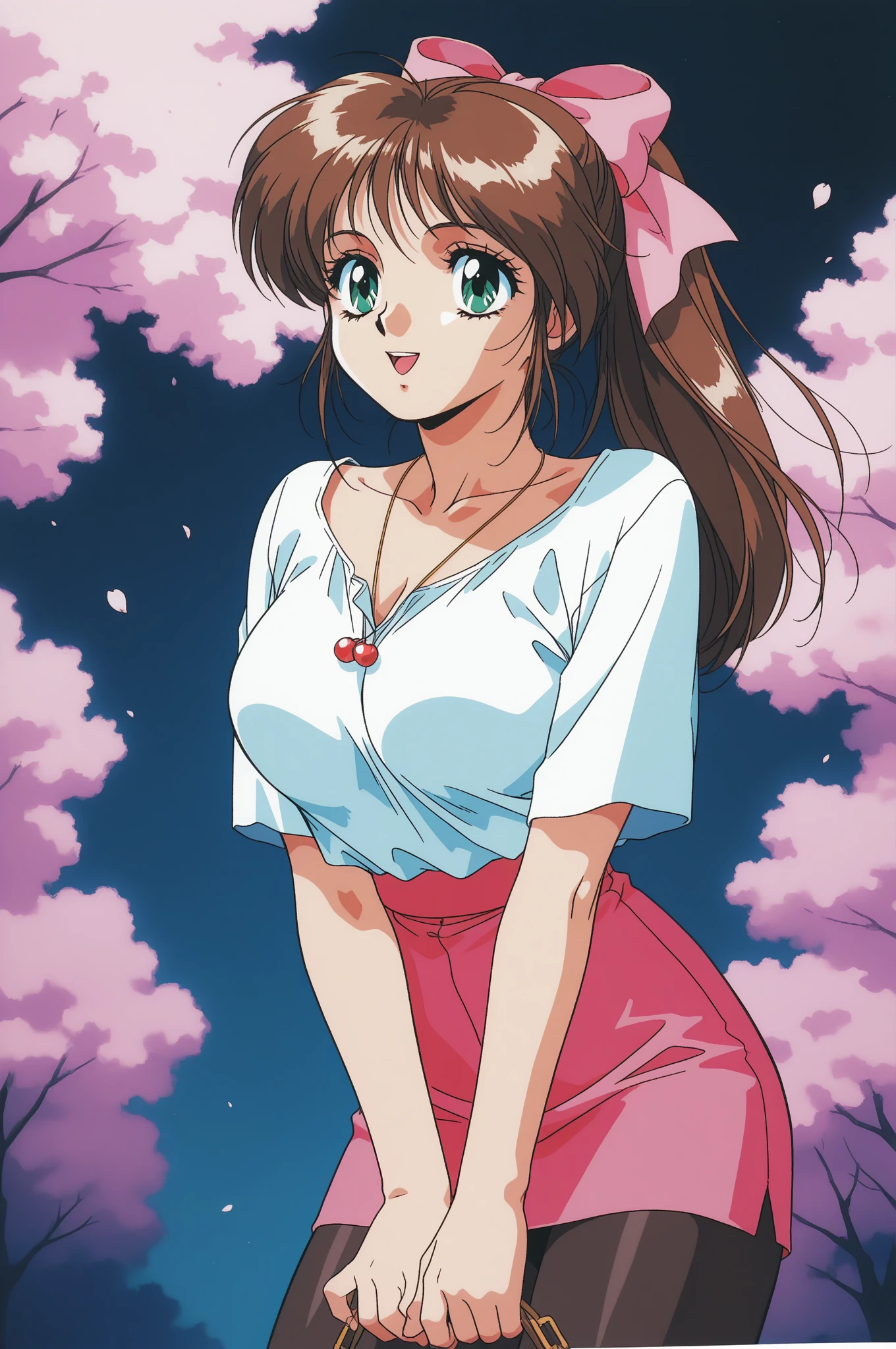 Full body, solo, 1girl, looking at viewer, smile, blush, large breasts, brown hair, bangs, dark brown eyes, beautiful detailed face, ultra detailed eyes, pink dress , night, Nephrolepis \(flower\), sakura background