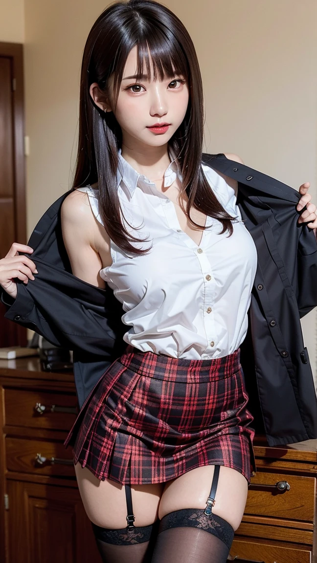a beautiful girl, (beautiful face:1.5), looking at viewer, (frown:1.5), (cry:1.3), (lift skirt by self), (skirtlift), (panties:1.2), (ultra high res), (raw photo), sharp focus, (ultra-realistic photo), best quality, top quality
