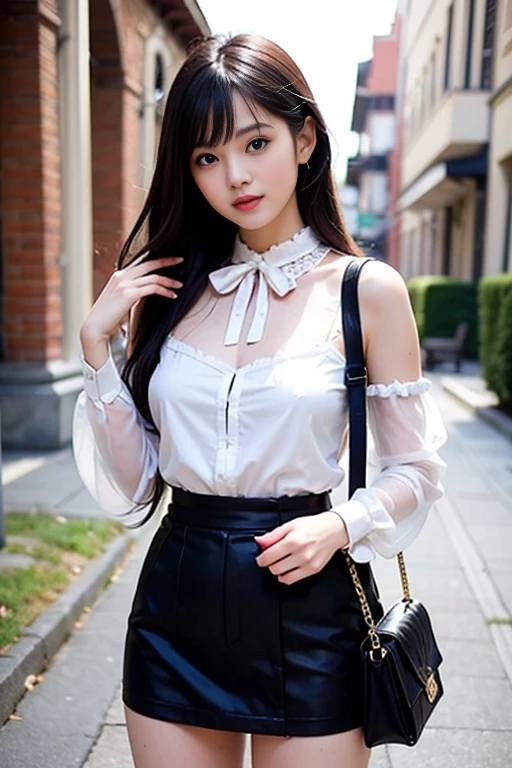 (Girl sitting on bench and crossing legs)ulzzang -6500-v1.1、(Raw foto:1.2)、(Photorealsitic:1.4)、a beautiful detailed girl、extremely detailed eye and face、beatiful detailed eyes、A smile、huge filesize、ultra-detailliert、hight resolution、ighly detailed、top-quality、masterpiece、((Translucent blouse、(Front opening)、Black Tight Skirt、slit))、,Shoulders are visible、(off shoulders)、illustratio、ighly detailed、nffsw、unification、8k wallpaper、astonishing、finely detail、masterpiece、top-quality、Highly detailed ticker uniform 8K wallpaper、 Light on the Face、电影灯光、1girl in、sixteen years old、Long grey hair、side split、(Beautiful breasts)、(witheout panties))、(eye glasses)、((dynamicposes)))、((sexypose)))、(camel's toe)、(half)、(panthyhose)、((Black hip skirt))