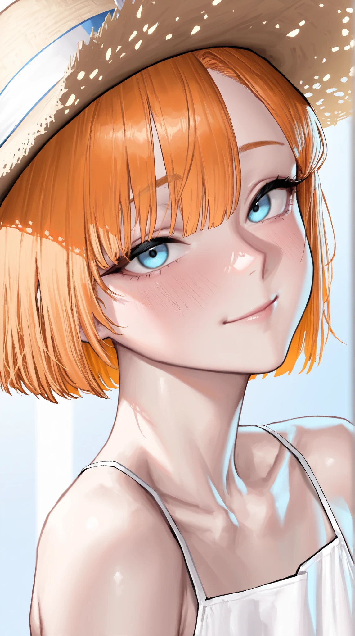 bl_oom, 1girl, ginger hair, blue eyes, looking at viewer, smiling, open mouth, black makeup, black corset, strapless, medium Breasts, naked shoulders, simple background, portrait, head to stomach shot, (extreme detail 2.0), score_9, score_8_up, score_7_up,
