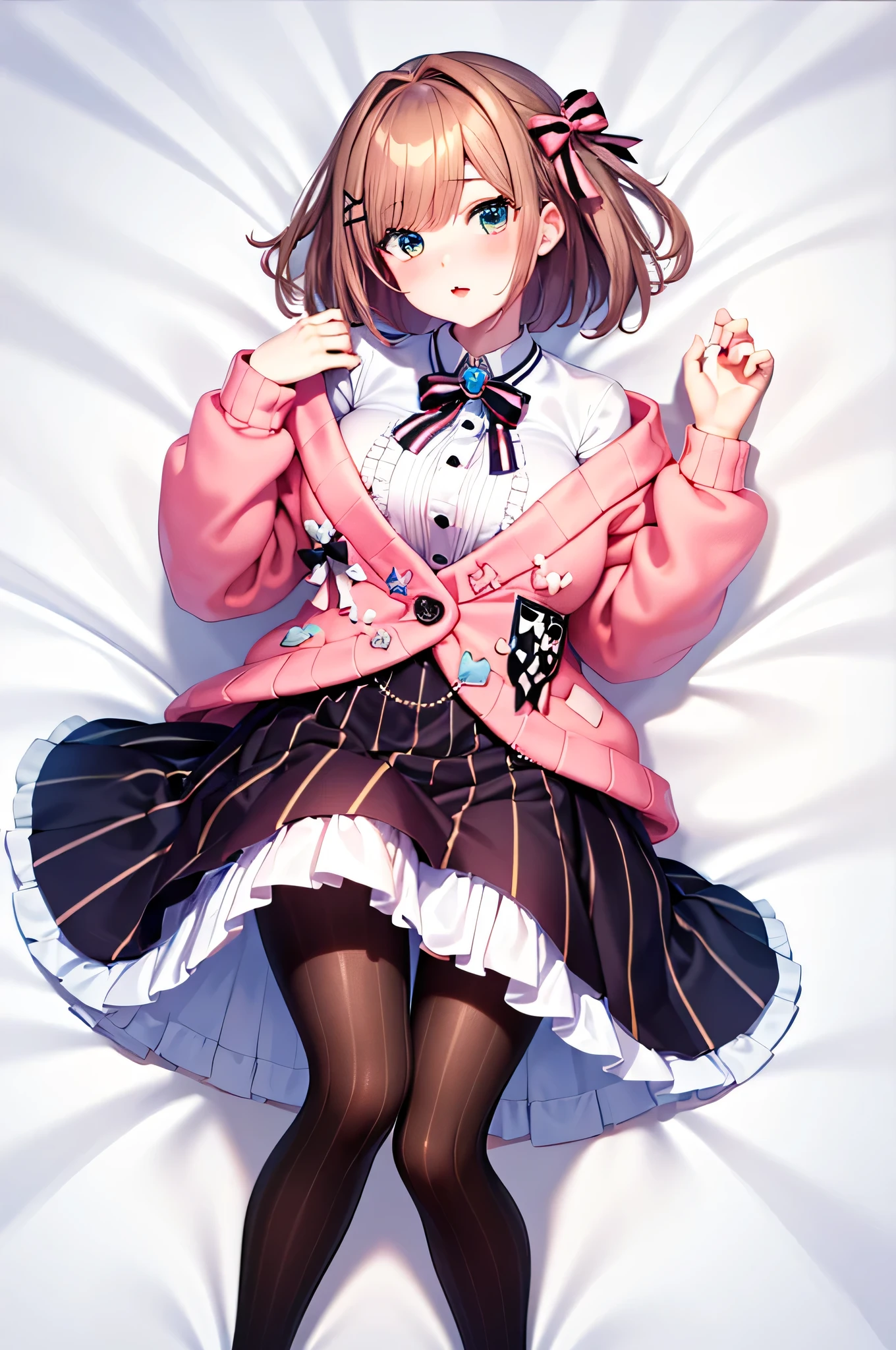 hmsl1, (1 person:1.5), Suzuhara Ruru, exquisite male genitals, pink ribbon, chest, jewelry, pink cardigan, brooch, white shirt, Vertical striped mini skirt, vertical striped pantyhose, embarrassing, Red cheeks, Seducing Men, white sheets, Lie on your back, Above the knee