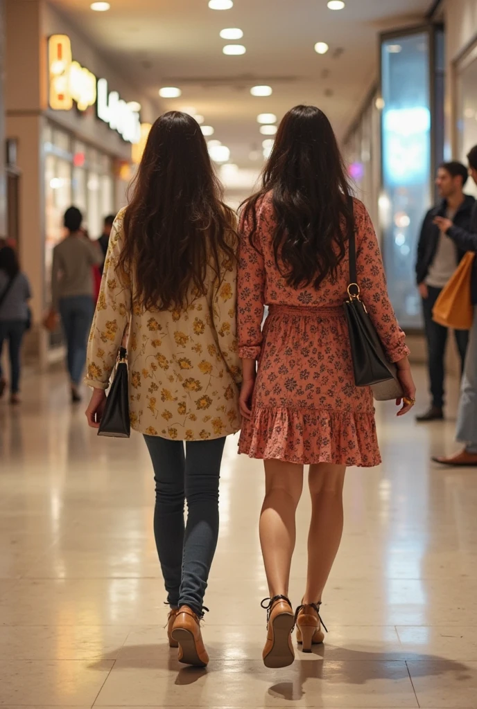 2 different girls shopping with each other in a mall that looks very dark inside while having their clothes on. realistic candle light, candles, photorealistic 1.4, nice 1.4, at night, rembrand light