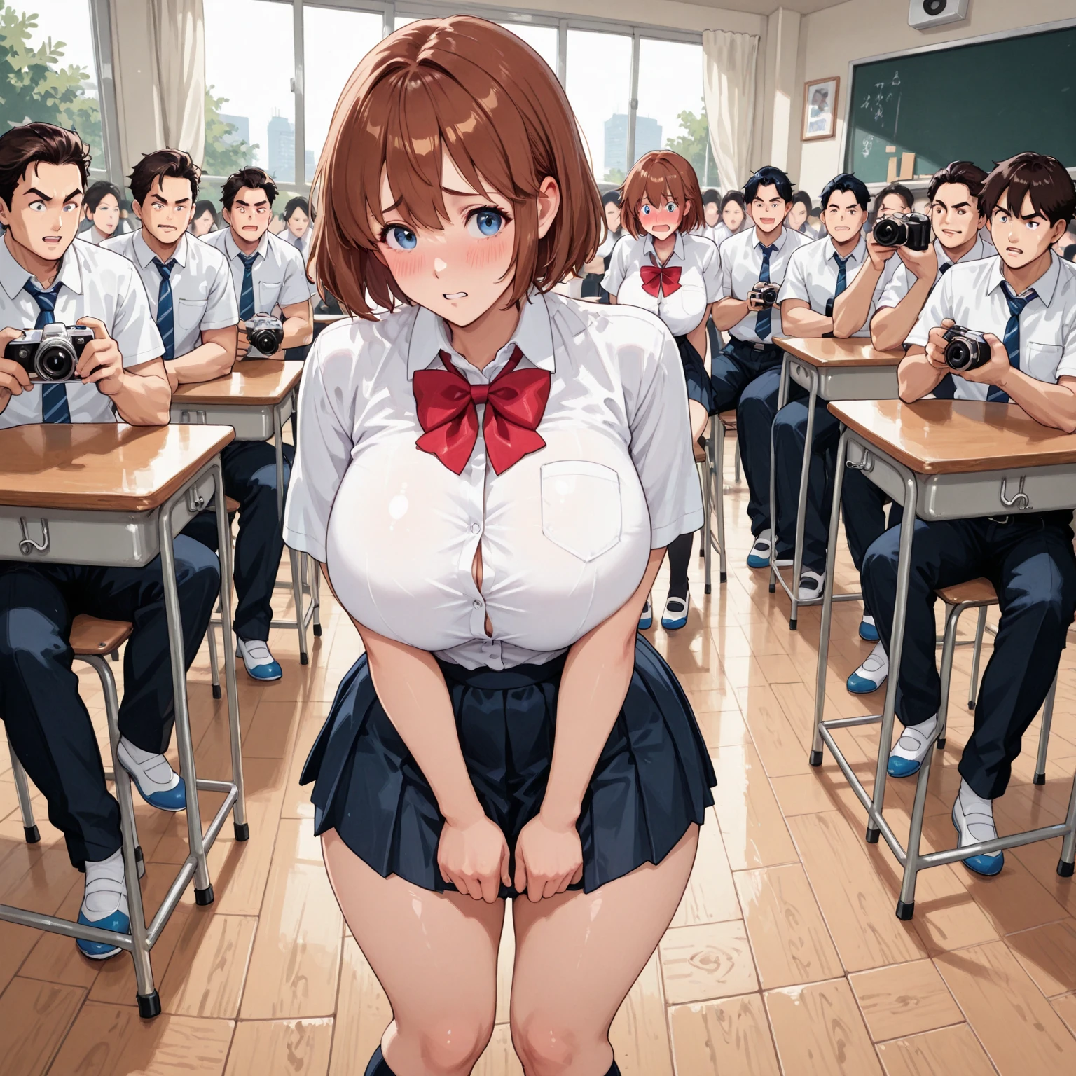 1 girl, anatomically correct, short black hair, beautiful blue eyes, ashamed , extremely ashamed, embarrassed, sad, Japanese schoolgirl outfit, flashing her breasts, flashing her tits, lifting her shirt, small breasts, naked breasts, wide hips, juicy thighs, embarrassed expression, shy expression, ashamed, looking away, looking away from the viewer, looking towards her left, her head lowered, lowering her head towards her left, ashamed expression, surrounded by classmates, classmates in the background, classmates standing behind her, classmates taking pictures of her, many classmates in the background, classmates behind her, classmates in the background, classmates looking at her, classmates standing, classmates bullying her, classmates filming her, classroom background, surrounded by classmates, classmates in the background, classmates standing behind her, classmates taking pictures of her, many classmates in the background, classmates behind her, classmates in the background, classmates looking at her, classmates standing, classmates bullying her, classmates filming her, classroom background, classmates smiling, classmates making fun of her, classmates laughing at her, classmates looking at her, classmates watching her, classmates focus on her, 8k, best quality