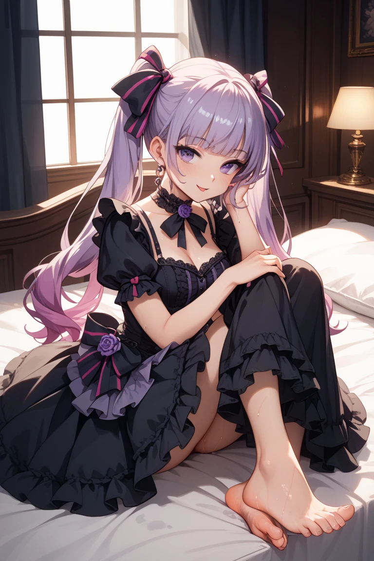 virtual youtuber, murasaki shion, loli, orange eyes, forehead, blunt bangs, small breast, sidelock, black cat ear, single side right bun, light white purple hair, blown hair, long hair, wearing gothic lolita, masturbation