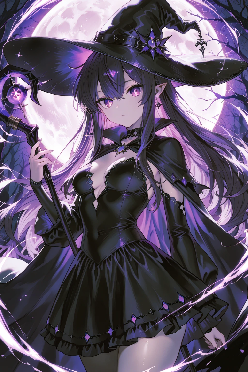 A black and white image of a girl dressed as a witch., fashionable Dark witch, witch clothes, Dark witch character, astral witch clothes, witch clothes, From the Black Wizard Cemetery!!!, Dark witch, mechanized witch girl, witch girl, ( ( ( black witch hat ) ) ) ), dark demonic dancer, Gothic Maid Anime Girl, black fur wizard