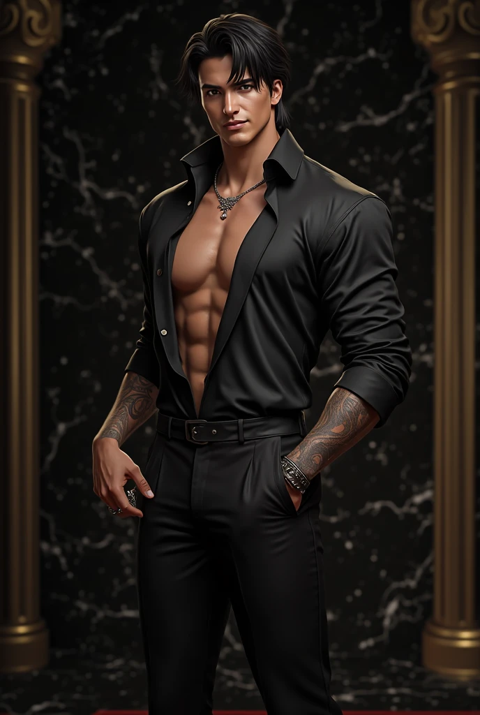 (absurdres, highres, ultra detailed, Ultra HD), ((tall handsome muscular man, solo, male model in modern clothing, 2020s fashion clothing, Full length portrait: 1.5, A brown blazer open bottom,black shirt and black pant and black lofer,)), beautiful, gorgeous, wet, mature, perfect eyes, sexy gaze, (looking at the viewers romantically), perfect body, smooth skin, a hot glow in his skin, wide chest, largest breasts, extremely large pectorals, big nipples, breathtaking grandeur, model pose, colorful, artistic, focus on his calm facial features, elegant look, sexy posture, full body view,