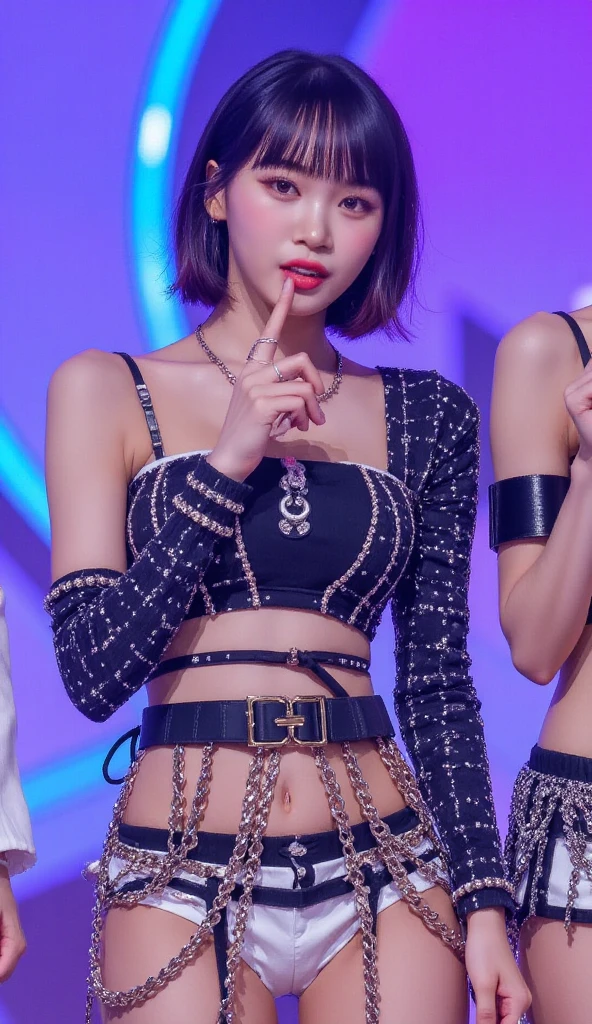 <lora:nwsjmajic-10:0.55>,<lora:shojovibe_v11:0.35>, ulzzang-6500:0.6, (masterpiece), highly detailed, 8k, raw photo,1girl, ([flowery|white]:0.5) jacket, ([fur|leather]:0.6) bra, elegant leghighs, golden chains around body, silver high heels, hair ornament, long diamond earrings,  idol stage, kpop idols dancing on stage, microphone,  crowd, banners, speakers, <lora:LowRA:0.25>,  <lora:OC:0.15>,  <lora:idolstage_v1.0:0.75>