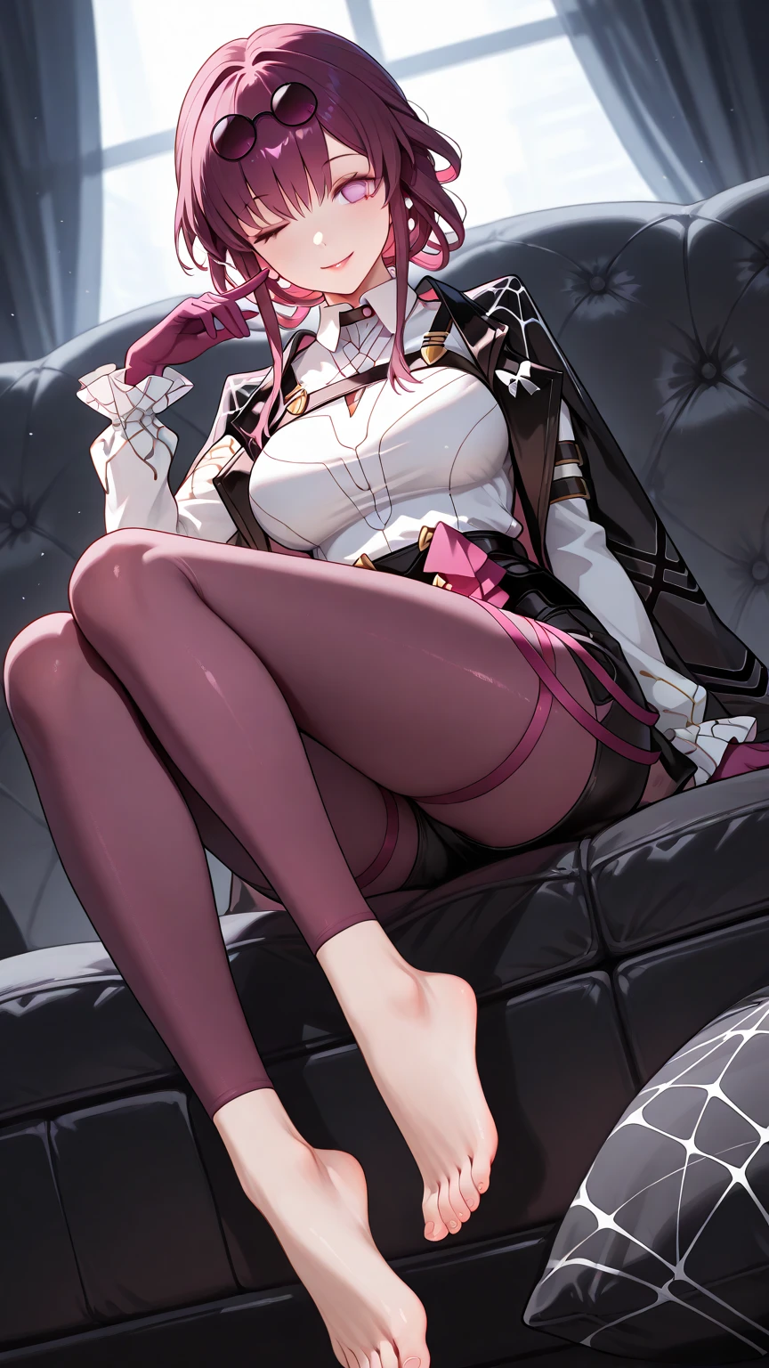 A girl,solo,long pink hair,kind_smile,smile,medium long hair,naval_uniform,black pantyhoses,black military boots,mitts,indoors,window,Mitsukasa Ayase,