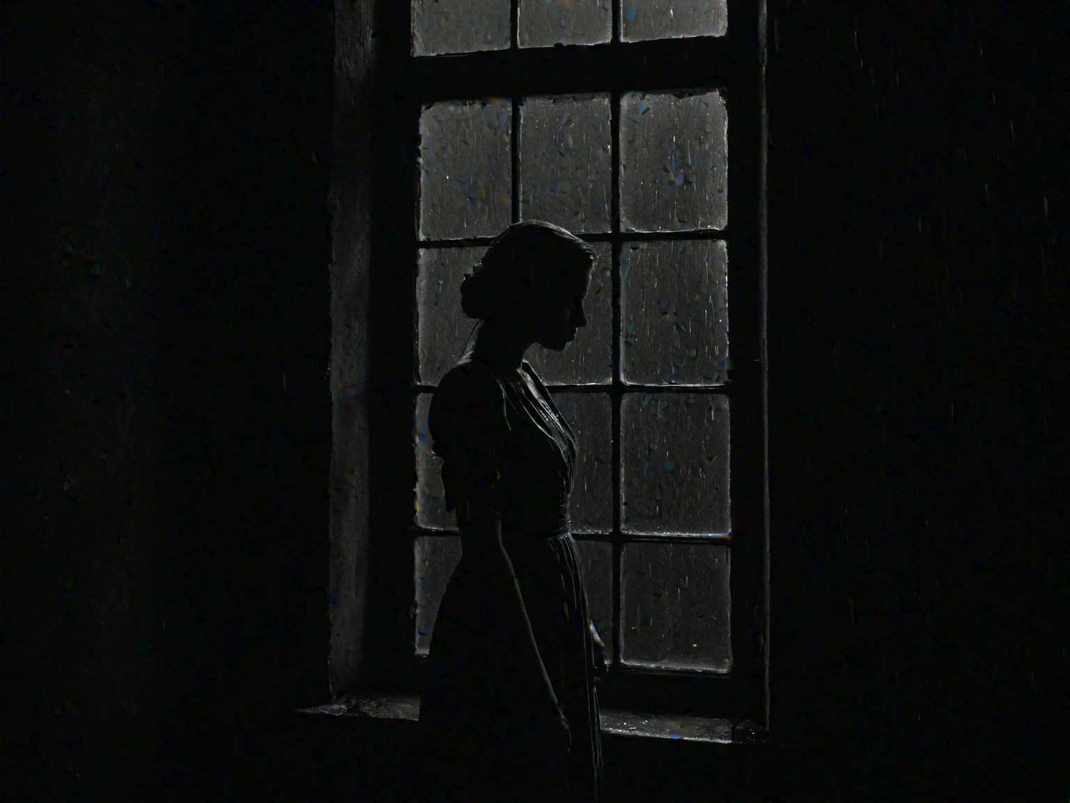 Under the night，A girl with short hair，Wearing a yellow top，white pantie，Look out the window，Back shadow