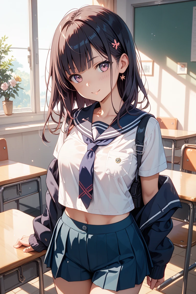 nsfw,alone, (One girl), Elementary school girl,8-year-old, ((Pink Panties)), (wearing only the top half of sailor school uniform),sexy, (Cowboy Shot), ((Put your arms behind your head)), classroom, With a girl:Her hair is long and black, Her face is round and cute, Black Hair, Low twin tails,Shy, Embarrassing,from the front,(squat),bottomless,