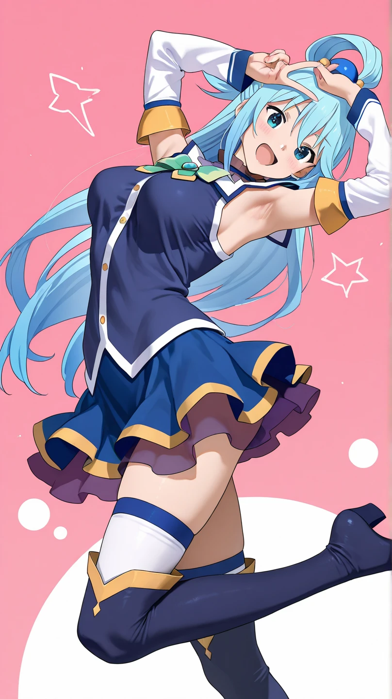 masterpiece, best quality, highres, kr1, multicolored hair, dyed bangs, white shirt, sleeveless, green skirt, black thighhighs, pleated skirt, <lora:kamishiro_rio_v1:0.7>, cowboy shot, standing, pointing at viewer, smile