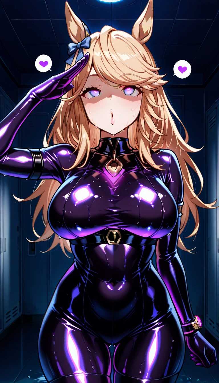 {One Girl},{{{{{Tabletop++, Highest quality++, Very detailed+, Ultra-high resolution,(Realistic:1.4)Cowboy Shot,wide, Long Hair, Blonde, Hair between the eyes, Purple Eyes, ((Wearing a purple latex full body suit 1.4)),so beautiful, Highest quality, Absurd, One Girl, Brainwashed,}}}} ((purple glowing eyes 2)), (Big Breasts:1)The shape of、(陰部The shape of))Expressionless, Research Room, Room of Darkness, (Neon Light:1.2), (night:1.5), stand up and salute