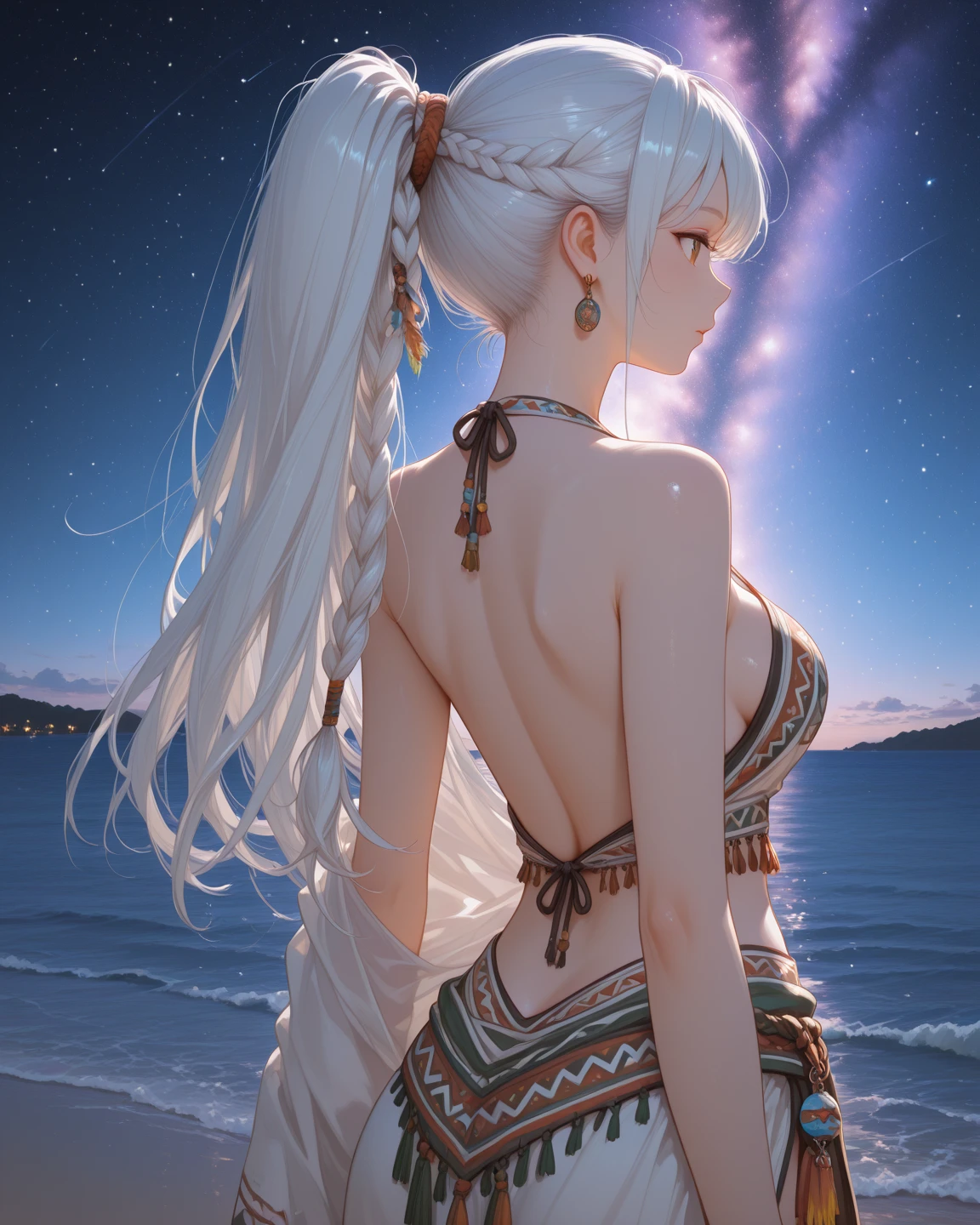 Create a high-quality, 8K ultra-high resolution image of a woman with long, light blue hair standing on a beach, holding a mirror. She is looking at her reflection, which has a blurred face and is gazing directly at the viewer, conveying an eerie and melancholic aura. The background features a breathtaking, overcast sky in shades of gold, red, and orange, adorned with visible galaxies and stars, adding to the somber and otherworldly mood of the scene. Use high contrast and low saturation to emphasize the detailed anatomy-based character design and the emotional depth of the composition.