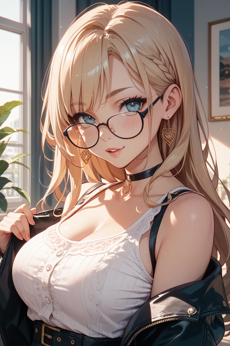 (masterpiece), best quality, expressive eyes, perfect face, blonde hair, long hair, wavy hair, glasses, cleavage, sexy clothes