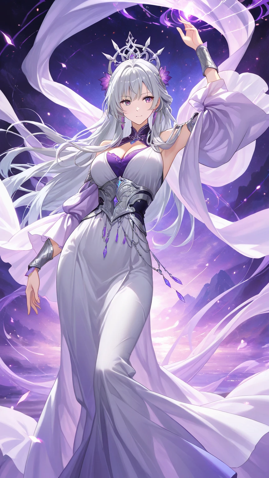 Extremely long white hair, purple eyes, dreamiest female figure, gorgeous 16 year old bride in a stapless wedding dress.