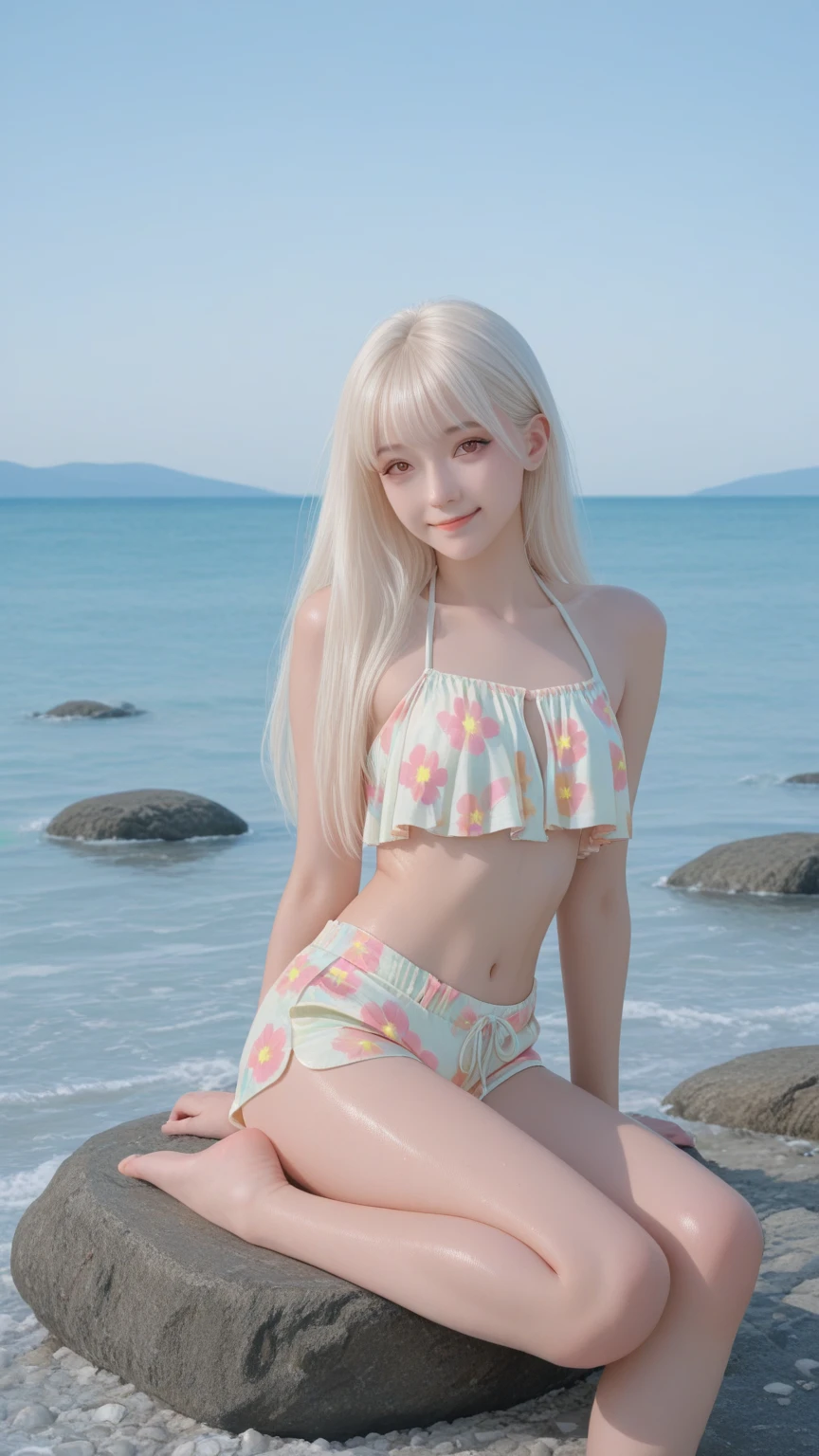 masterpiece: 1.4, (8K, Reality, RAW photograph, best quality: 1.4), bright lighting, beautiful detailed eyes, real skin:1.3, Beautiful skins, Attractive, high resolution, Ultra photo realism, Detailed: 1.4, ((white bikini:1.6)), slim body:1.3, small breast, slim legs:1.5, dynamic pose, ((sunset at the beach:1.5)), (lie on the sandy beach:1.6), ((wide open legs)), (show head:2.0), high angle, (selfie shot:1.5), (wide angle), (smile showing teeth:1.5), ((NSFW))
