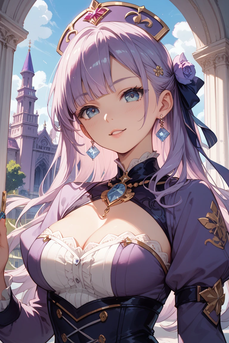 Renoa, blue duster, Blue wristband, Half Body, Smile, Holding the necklace, An unrivalled masterpiece, Ultra-realistic 8k CG, Perfect work of art, posture, 性感posture, Tempting, Clean, Pretty Face, Pure complexion, Pale skin, Intricate details, prestige, Gorgeous, luxurious, Fancy Dance Hall