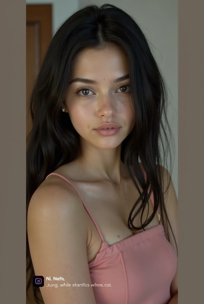 masterpiece, Best Quality, 1 girl, alone, beautiful 15 year old african and asian mix, Brown skinned woman, long, frizzy, dark curly hair, perfect face, cabello long, very large busts, (huge breasts: 1.4), face closeup, detailed and perfect face, thick lips, perfect and detailed eyes, sensual look, (huge breasts: 1.4), detailed face!, close-up of the face, flawless and detailed faceand looking face to face