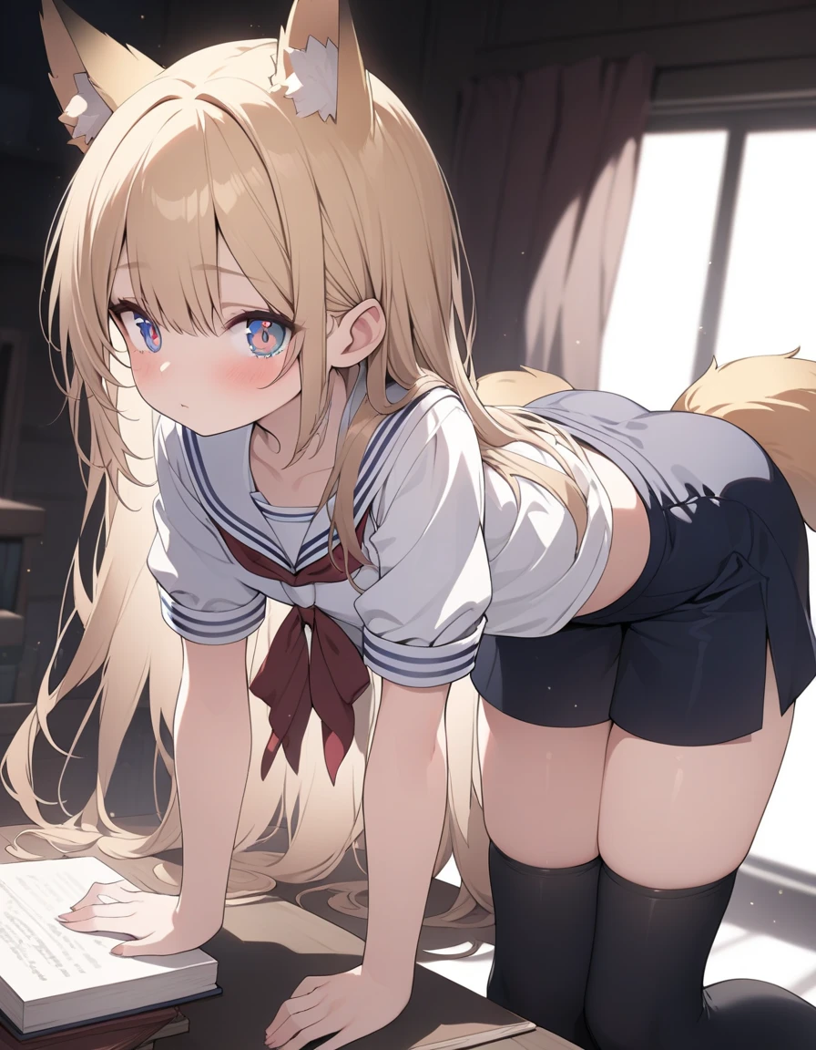 highest quality,masterpiece,8k,1girl, blush, sweat, mini skirt, lift skirt, upskirt, stripe panties, hair ribbon, twin tails, pleated skirt, thigh highs sox, loafers, camel toe,