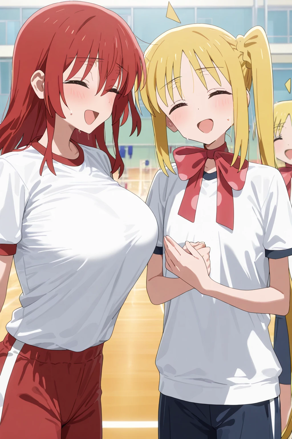 ((perfect body)), ((perfect face)), cameltoe, (blush), ((cheerleader outfit)), (((two girls standing next to eachother))), ((short miniskirt)), ((big breasts)), (photo from above)), (shy), (((masterpiece))), (((topless))), (((empty hands))), (((in a locker room)))