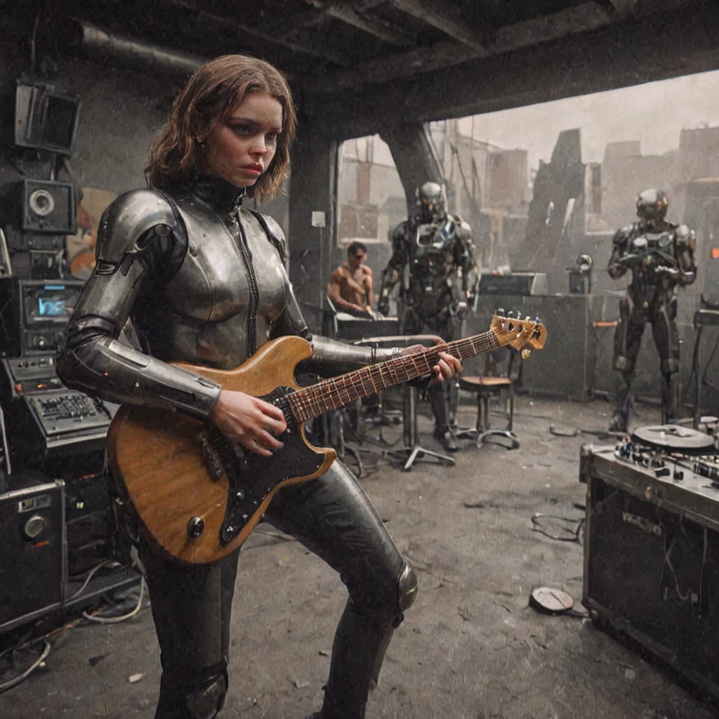 A girl with guitar and big speakers with her boys 4 to 5 members wearing space suits