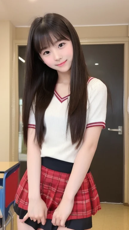 ultra detailed, best quality, masterpiece, 8K, absurdres, a girl, smiling, (squatting, legs spread:1.5), looking at viewer, long hair, brown hair, tareme, droopy eyes, shiny skin, detailed skin, detailed face, glamorous, voluptuous, curvy, (idol, school uniform:1.3), (white panties:1.3), curvy, japanese idol, cute face, 20-year-old, japanese, in the classroom, in the hallway, in the school, with a door, with a window, with a chair, with a desk, raw photo, real person, photorealistic, ultra realistic photo, portrait photography, cowboy shot, front view, (ground-level shot, dynamic angle:1.3), sharpen, cinematic lighting, depth of field