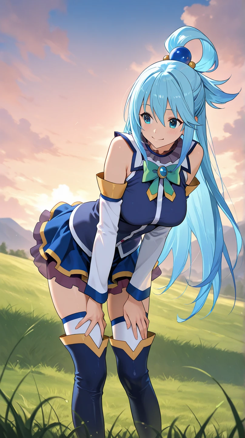 (extremely detailed fine touch:1.2), (natural light, sun light, light rays, dappled light, reflection, shadows, ray tracing:1.2), mature female, hourglass body , Masterpiece, best quality, highly detailed , AquaKnsb-KJ , skirt , thighhighs, blue shirt , detached sleeves, thigh boots, bow , (selfie:1.2) , (from above , smile , open mouth , blush:1.1) , outdoor , vegetation around, Nsfw