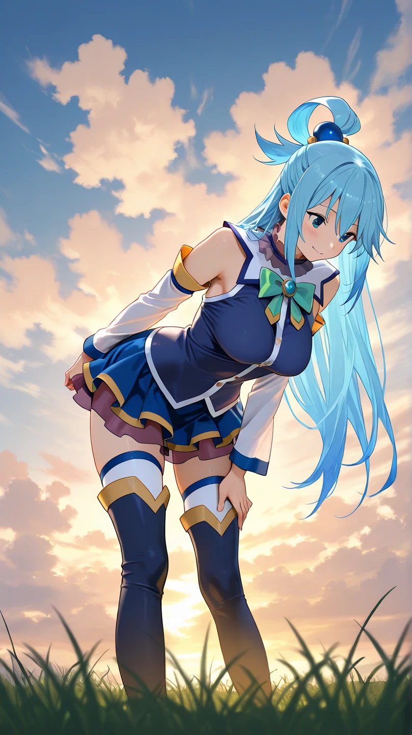 BREAK looking at viewer, BREAK (masterpiece:1.2), best quality, high resolution, unity 8k wallpaper, (illustration:0.8), (beautiful detailed eyes:1.6), extremely detailed face, perfect lighting, extremely detailed CG, (perfect hands, perfect ???????),outdoor,city,in street,wet road,rain,reflections on road,night,aqua, long hair, blue eyes, hair ornament, very long hair, blue hair, hair rings, single hair ring, hair bobbles,
skirt, shirt,wet shirt, thighhighs, ???? shoulders, detached sleeves, white thighhighs, blue skirt, blue shirt, green bow,???????,cleavege,neckline,showing panties,wet panties,white panties,lace panties,???????,???????????,back view.