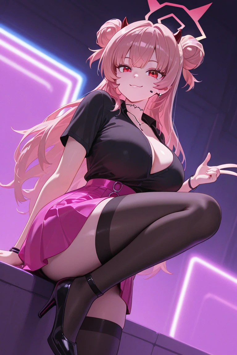 (masterpiece), best quality, expressive eyes, perfect face, smiling, Masterpiece, 8k, Professional Photography, Angel girl, detailed face, (blonde hair:1.3), (pink highlights:1.5), very long hair, (Iridescent halo), perfect nose, pantyhose,
BREAK,
big breasts, green eyes, perfect hands,
BREAK,
Satin slip skirt paired with a lace-up corset top and ankle strap heels, achieving a chic and sophisticated look for a high-end club, stockings with suspenders, posh and glamorous lounge club where guests enjoy bottle service, plush seatingBREAK,
eclectic artsy warehouse club, featuring live performances, crowded,