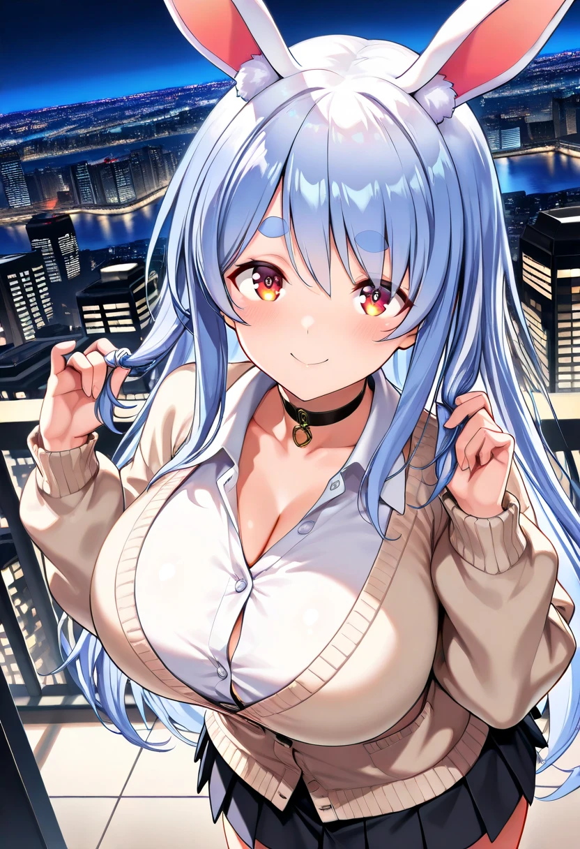 masterpiece,best quality,chkalov,choker,labcoat,black shirt,cleavage,white skirt,belt,gloves,pantyhose,large breasts,looking at viewer,furrowed brow,smile,ocean,cityscape,upper body ,<lora:chkalov-nvwls-v1:0.9>,