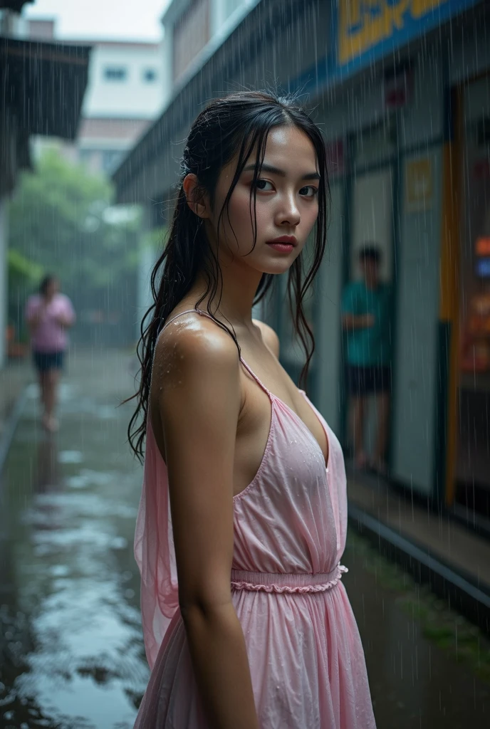 songkran,Wet roads ,drenched, Dripping, Wet Face,Wet clothes, Wet Skin, Wet Hair,A young woman with a cute face like an idol,((White blouse)),((Cleavage)),((Full body portrait)),Natural light,Daytime,RAW Photos,Genuine,Genuine,High resolution,RAW Photos,masterpiece, Genuineistic, beautiful