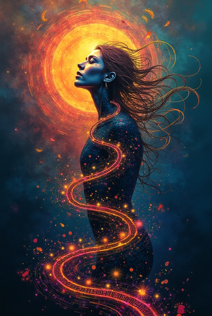 naked woman covered in spiraling patterns of light and techno fire