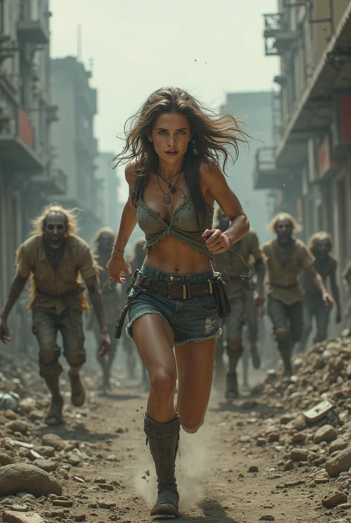 sunny mid day，8K clarity，Cinematic light and shadow，one girl,looking camera,She wore summer dress, Torn T-shirt:1.8 reveal underwear,she got a fireweapon，Run away , group of zombies chasing her, on back ground Flames and general destructionof of city