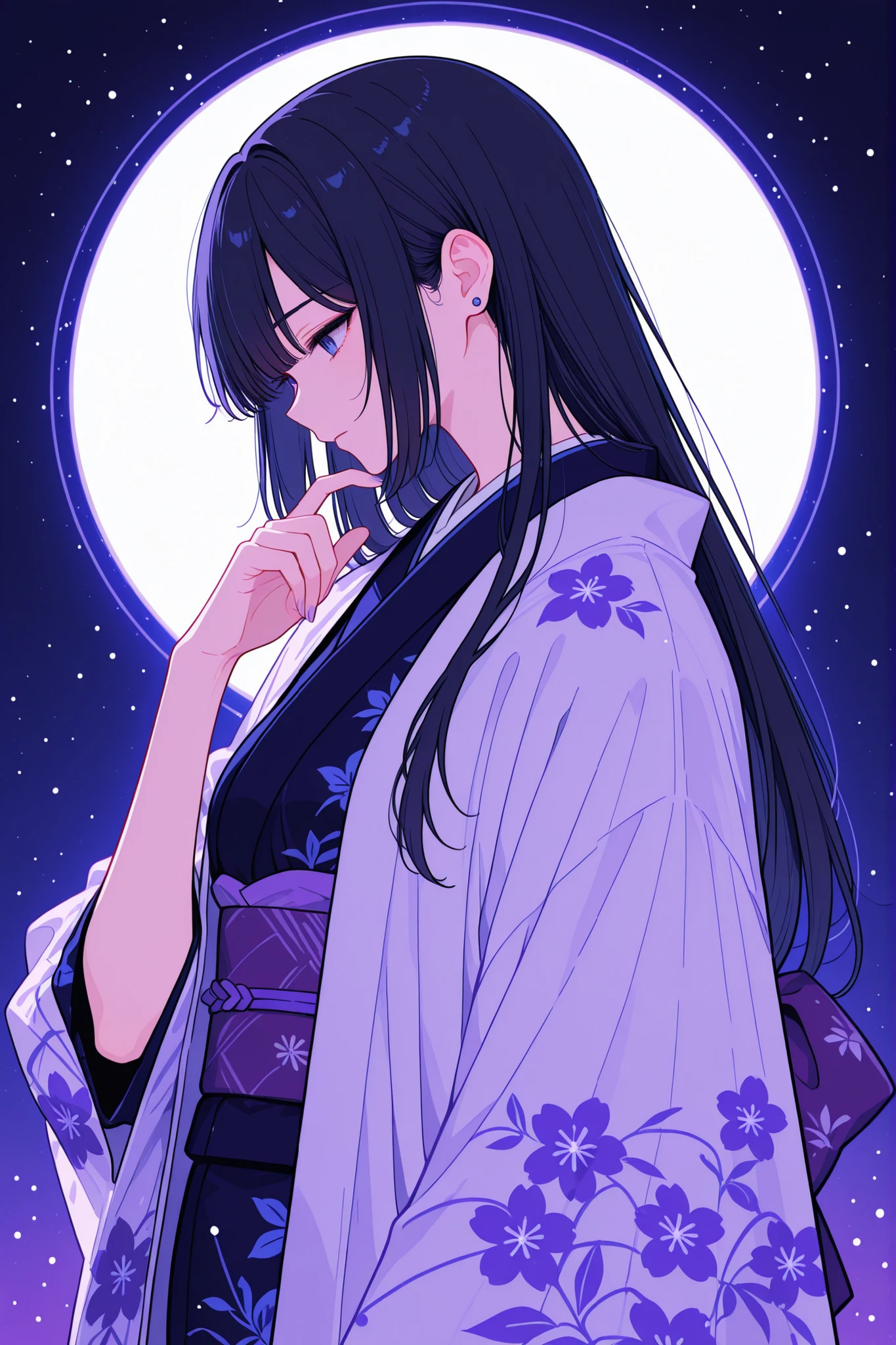 teenage girls、Japanese style romance stuff、is wearing a kimono、Fleeting feeling、woman with long hair、dark haired、white and purple base、dark blue eyes、profile、Feels like looking down