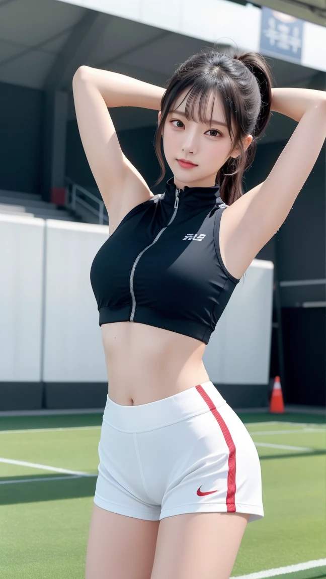 (8k), (highest quality: 1.2), (Realistic), (Realistic: 1.47), Ultra-high resolution, 1 girl, cute, smile, Mouth closed, (Thick lips:1.2),Red lips,Beautiful details, Beautiful Nose,(Straight shiny black hair),(ponytail),Sweaty,Dancing on the concert stage,Bend your elbows and raise your hands,(University uniform,stripe oversize big white shirts formal:1.2),(Grey pleated skirt:1.2),(open shirt:1.3),(Calvin Klein sports bra:1.3),I can see her cleavage,(knees),Shiny thighs,(Medium Shot),