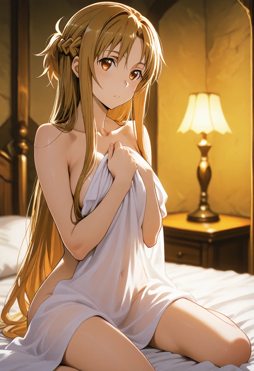 asuna,sao, crown half up hairstyle,, sweat, Perfect body, bare breasts, dusk sky, dusk, sunset,