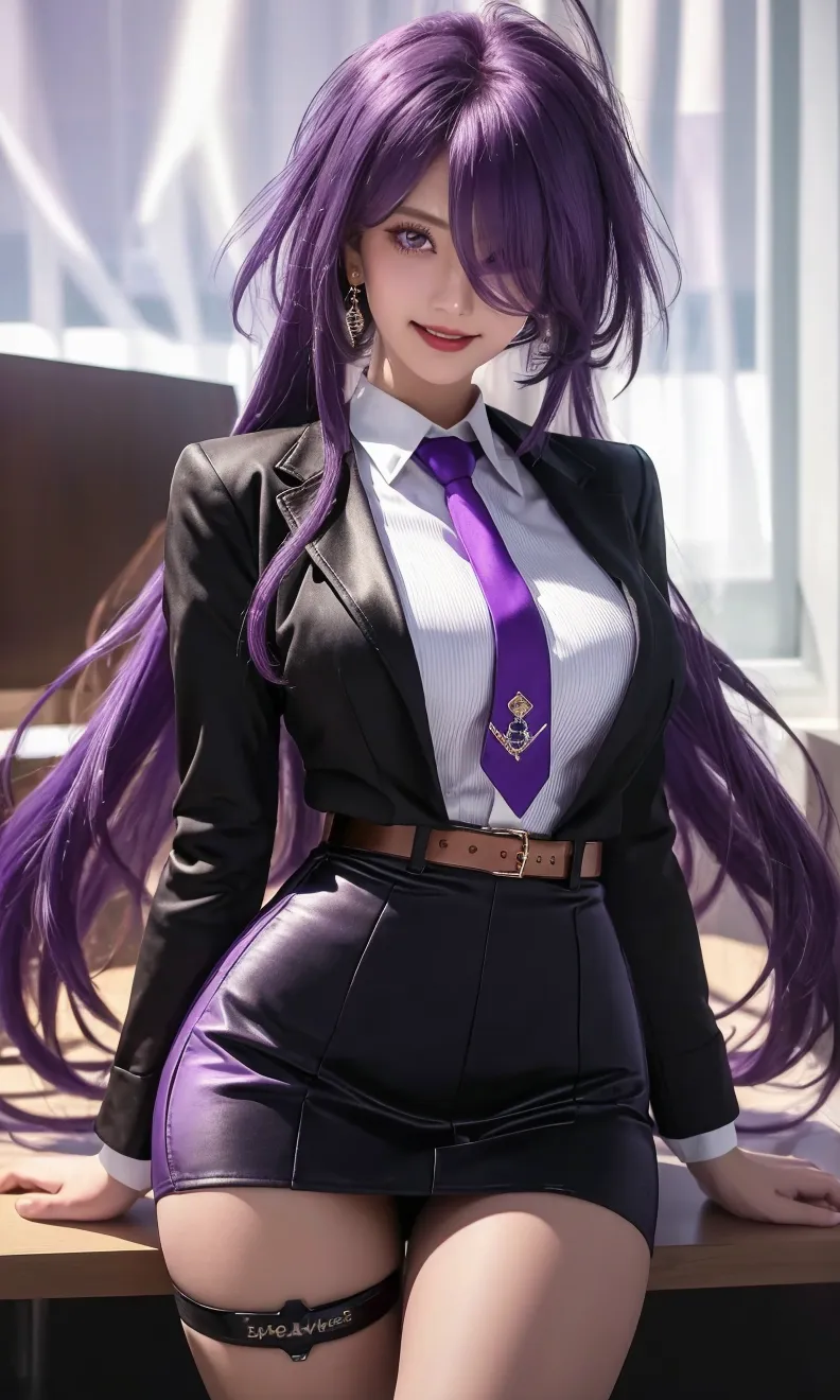 Girl with long purple hair, Slim, pretty, little chest, in a tailcoat, no pants